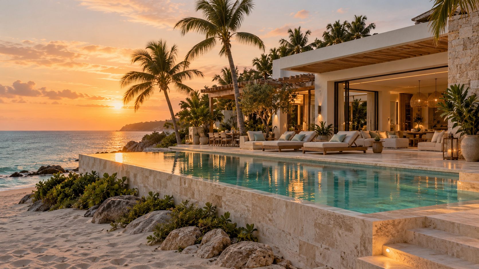 Villa Maré at golden hour with its infinity pool facing the sea