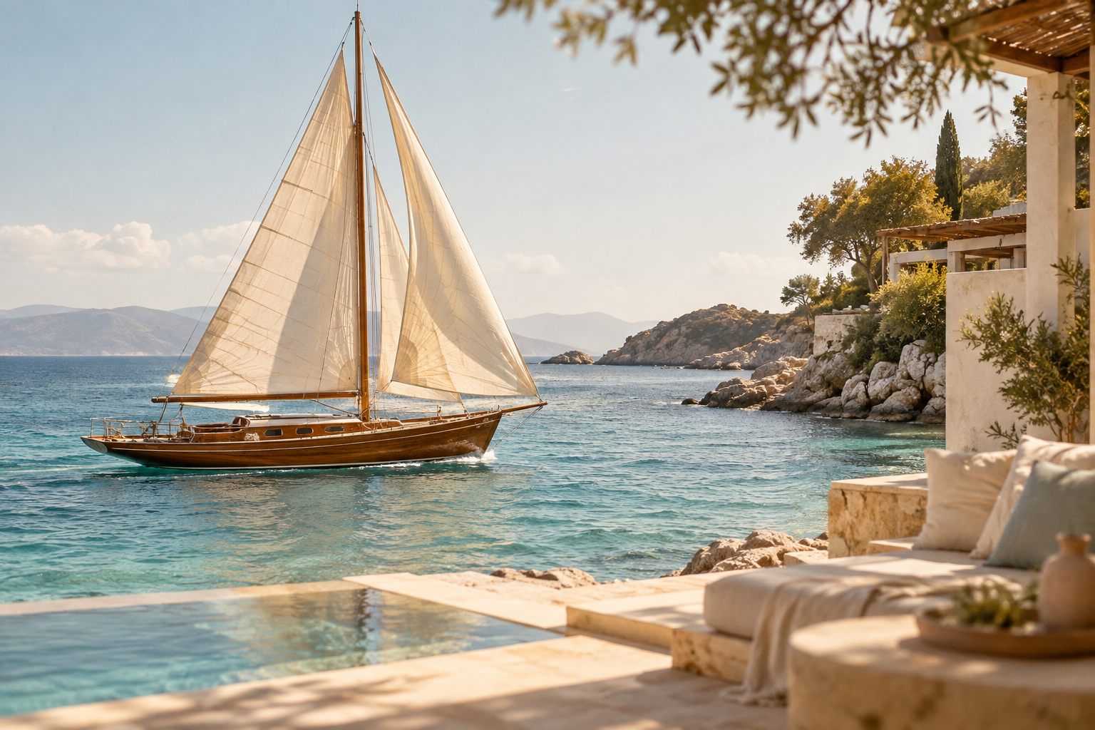 Wooden sailboat on calm water